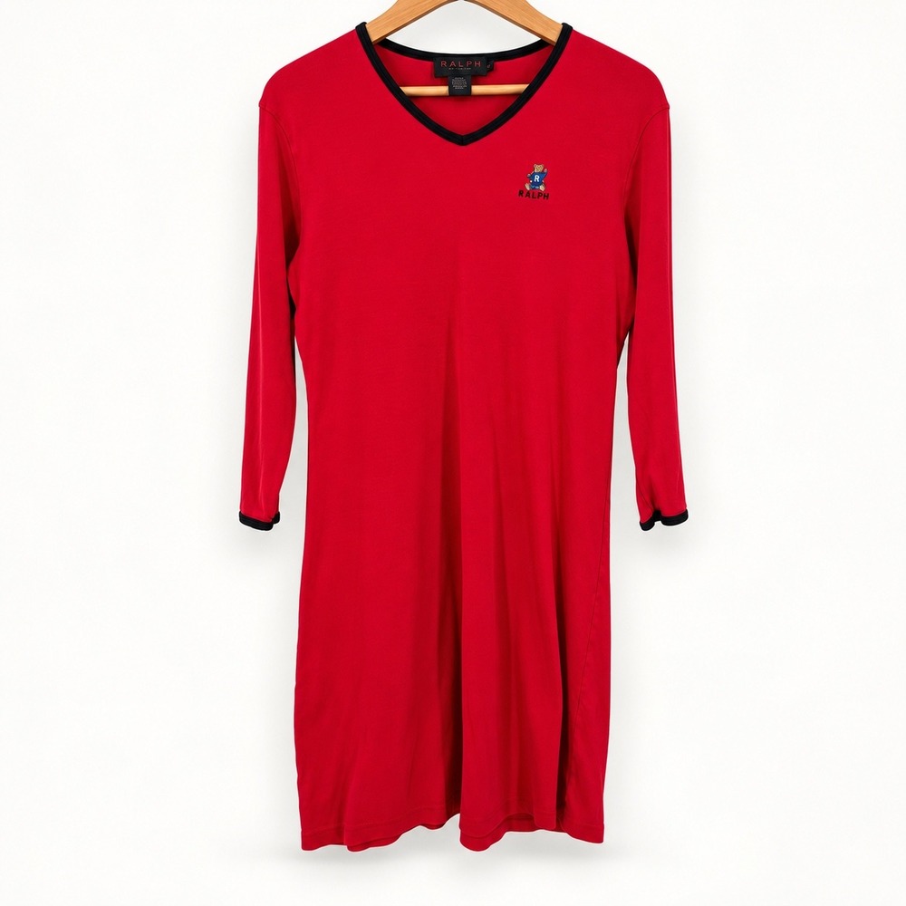 Vintage Ralph Lauren Women Medium Sleep Dress Red Polo Bear Preppy Heritage Cozy